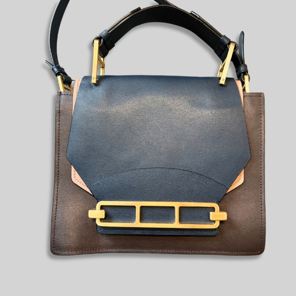 Zac Posen Katie Satchel Crossbody Leather Structured Top Handle Bag Purse Navy - Picture 2 of 16